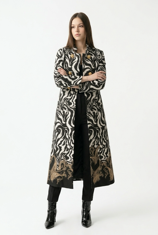 249  Luxury Cashmere-Touch Coat with Digital Print & Gold Details