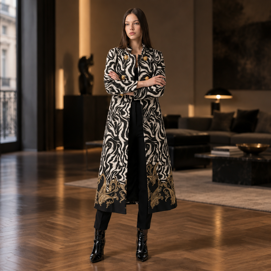 249  Luxury Cashmere-Touch Coat with Digital Print & Gold Details