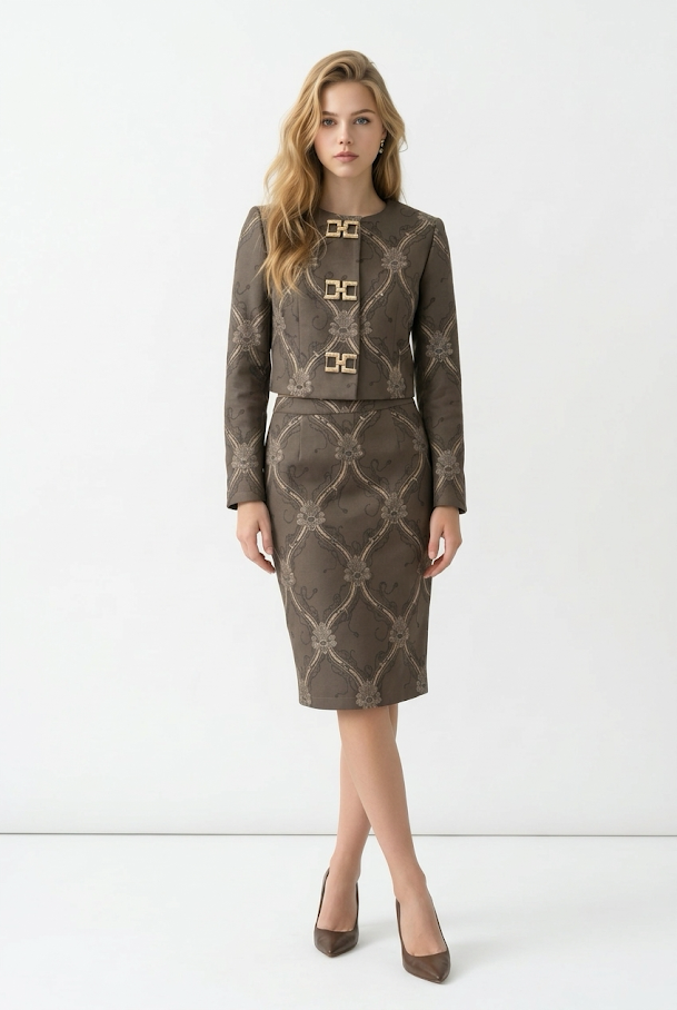 248 Premium Cashmere-Touch Co-ord Set in Olive with Digital Geometric Prints