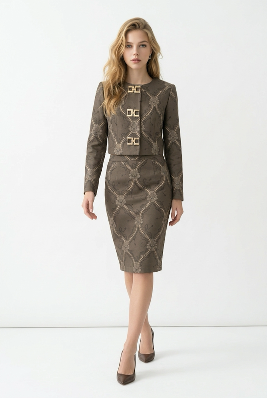 248 Premium Cashmere-Touch Co-ord Set in Olive with Digital Geometric Prints