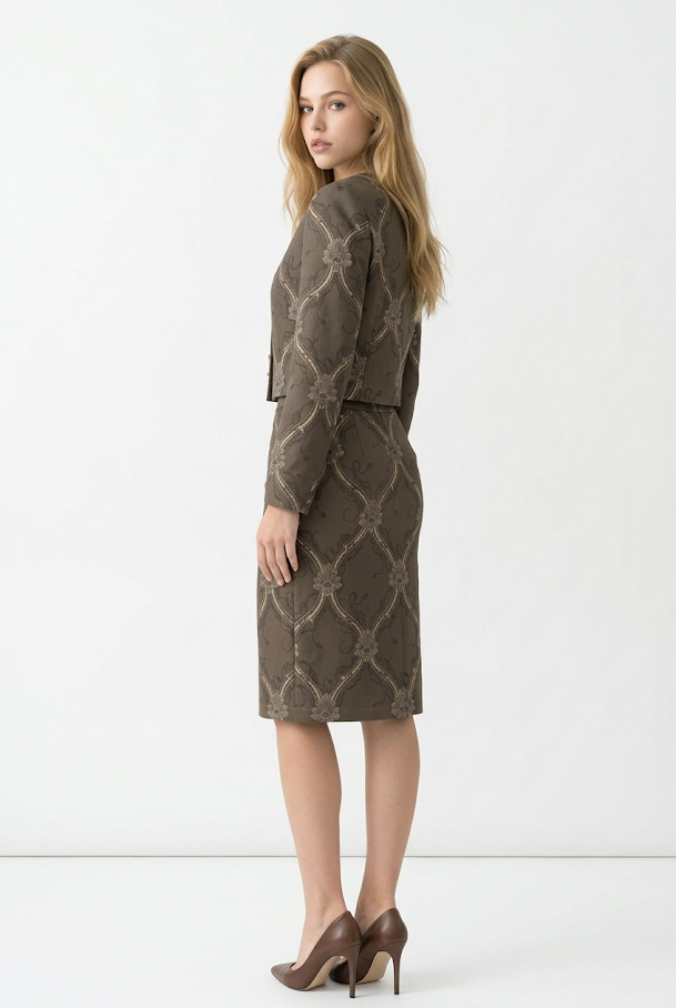 248 Premium Cashmere-Touch Co-ord Set in Olive with Digital Geometric Prints