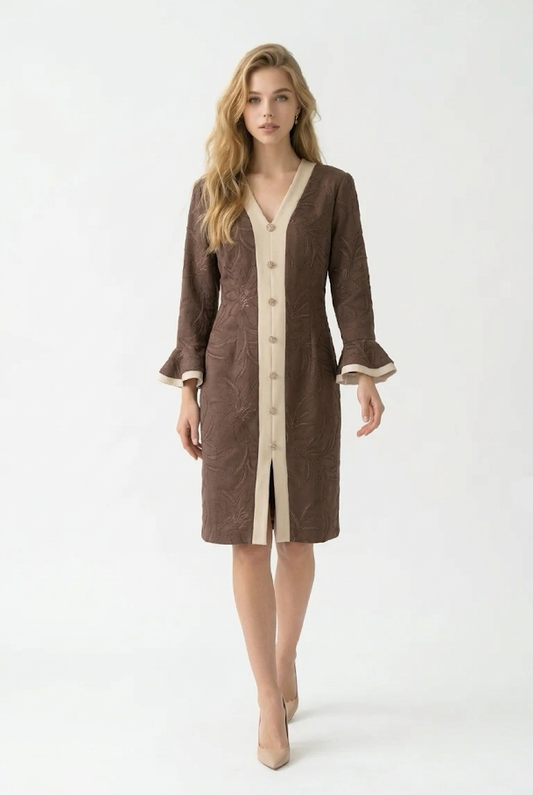 246  Cigar Brown Suede Dress with Embossed Embroidery