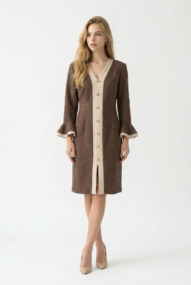 246  Cigar Brown Suede Dress with Embossed Embroidery