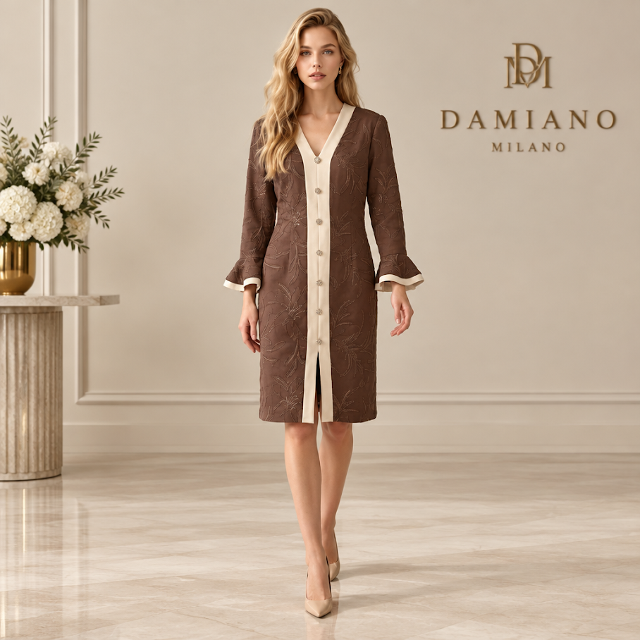 246  Cigar Brown Suede Dress with Embossed Embroidery