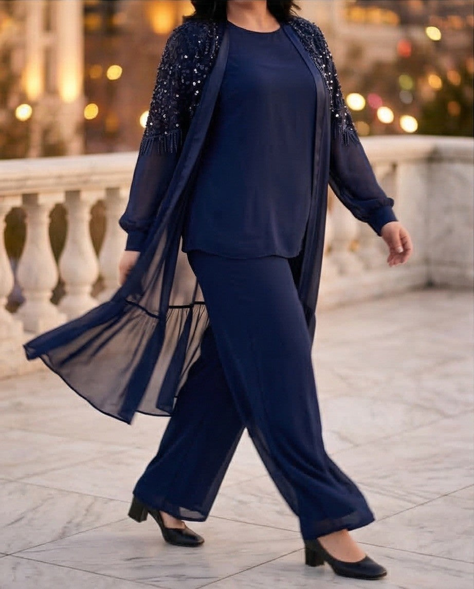 216   Chiffon Set – Embellished Tunic with Sequins & Crystal Fringe, Top & Wide-Leg Trousers, Plus Size – Navy Blue