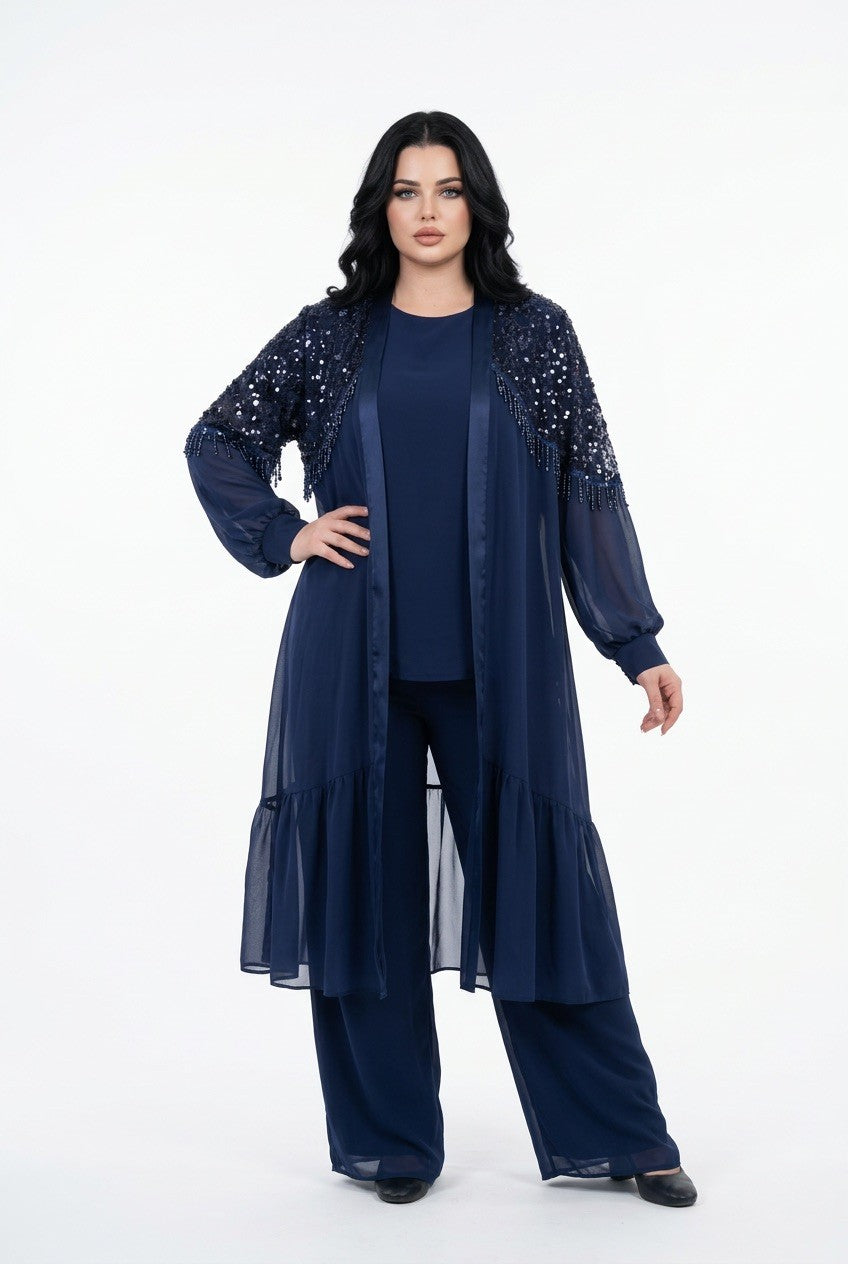 216   Chiffon Set – Embellished Tunic with Sequins & Crystal Fringe, Top & Wide-Leg Trousers, Plus Size – Navy Blue