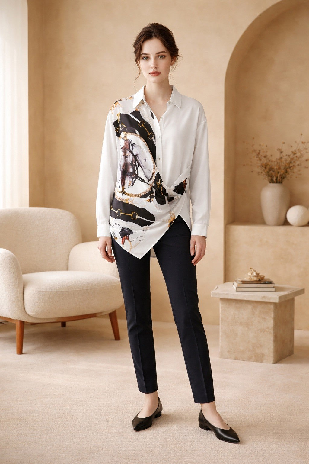 211  Georgette Shirt with Digital Print & Draped Button Closure