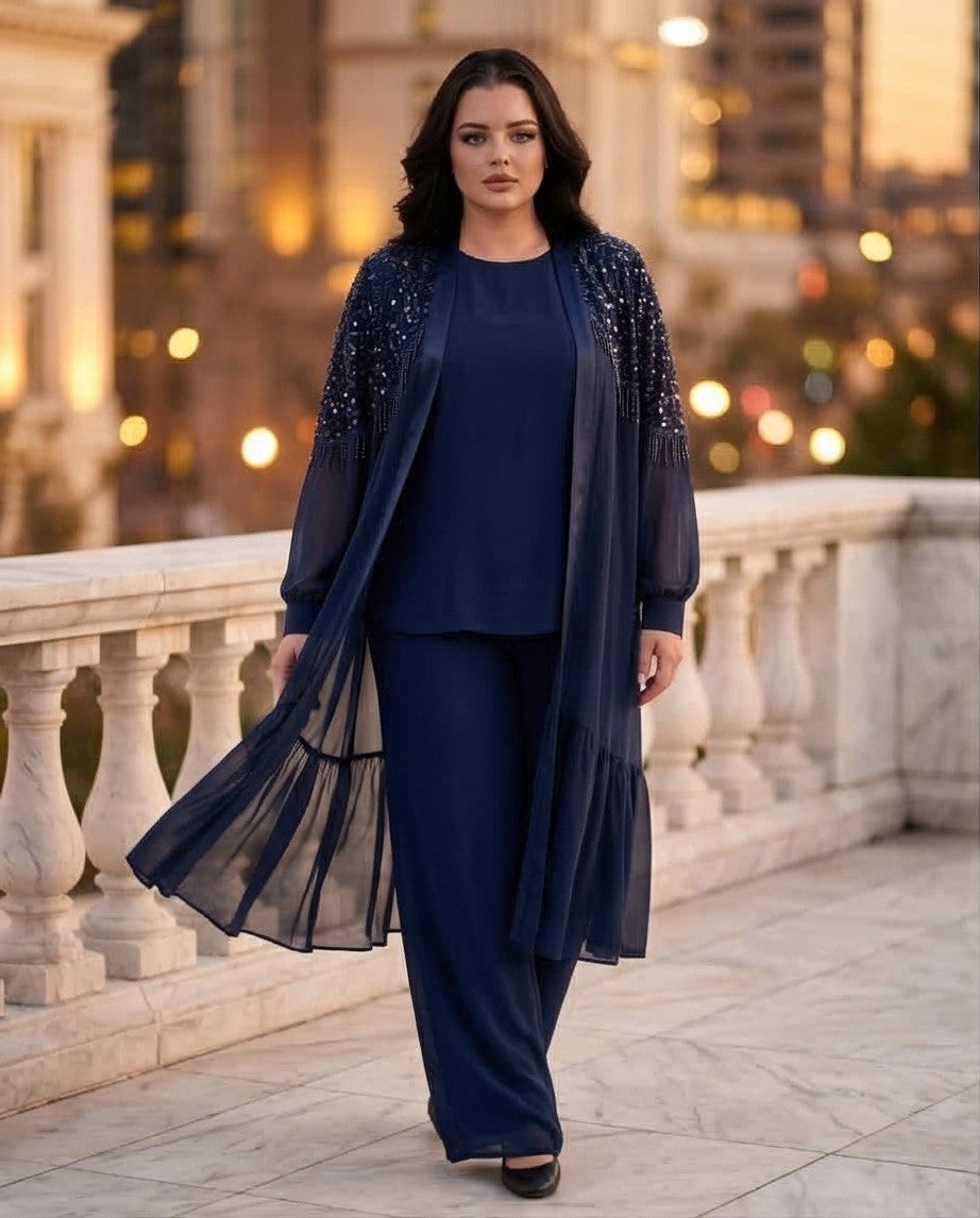 216   Chiffon Set – Embellished Tunic with Sequins & Crystal Fringe, Top & Wide-Leg Trousers, Plus Size – Navy Blue