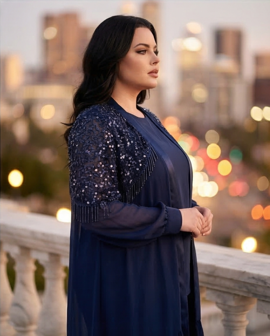 216   Chiffon Set – Embellished Tunic with Sequins & Crystal Fringe, Top & Wide-Leg Trousers, Plus Size – Navy Blue