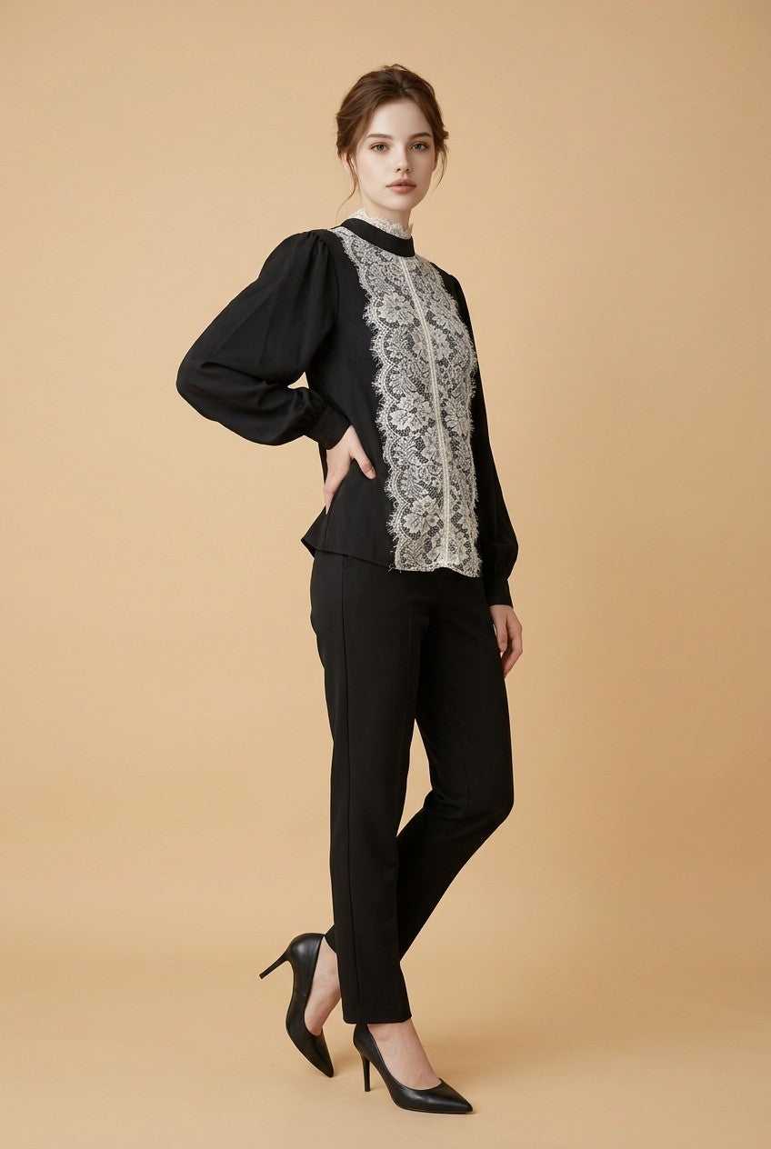 218   Βlack Georgette Shirt with Appliqué Lace Front & Mao Collar