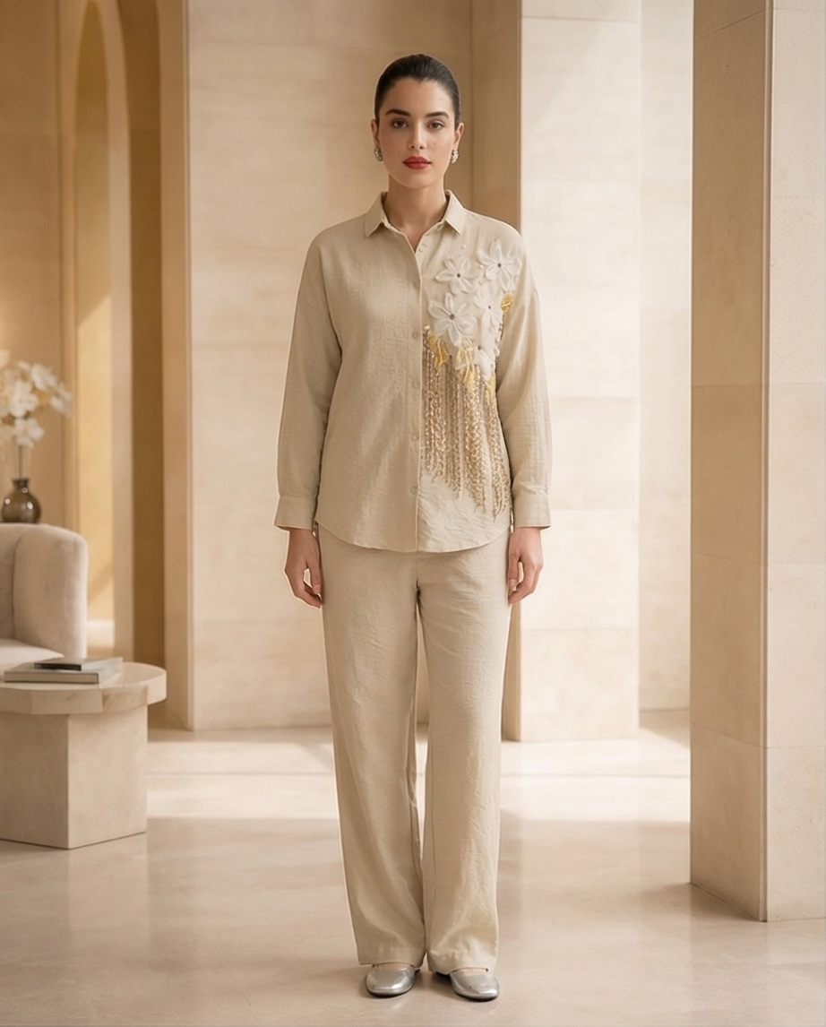 219   Cotton Set: Raglan Sleeve Shirt & Straight Leg Trousers