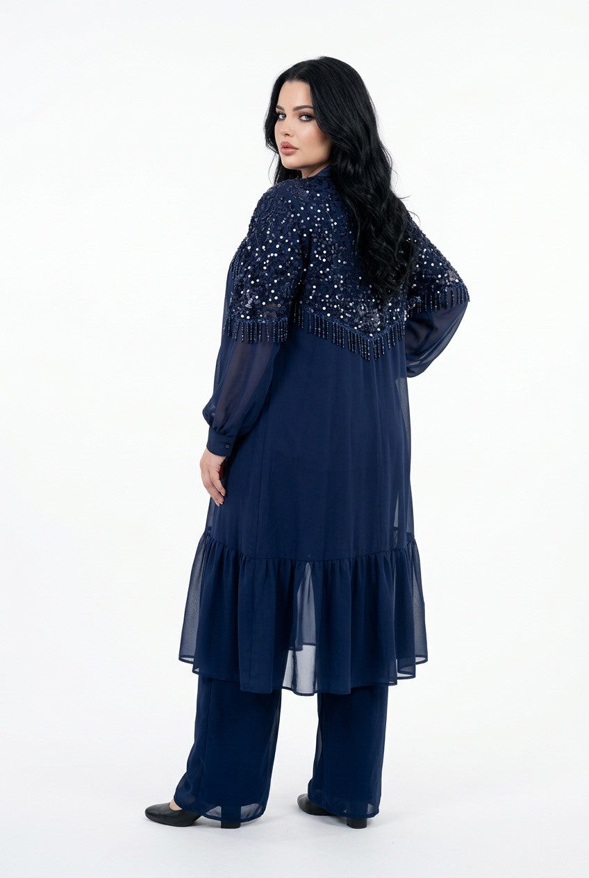 216   Chiffon Set – Embellished Tunic with Sequins & Crystal Fringe, Top & Wide-Leg Trousers, Plus Size – Navy Blue