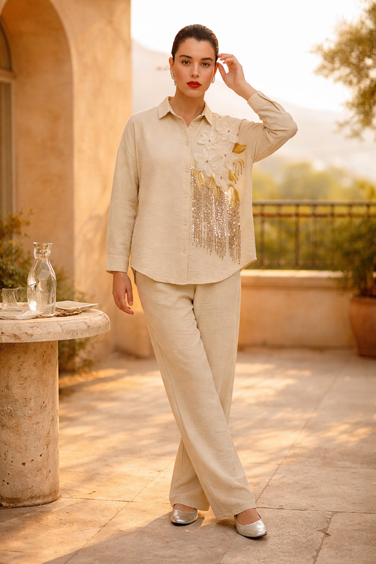 219   Cotton Set: Raglan Sleeve Shirt & Straight Leg Trousers