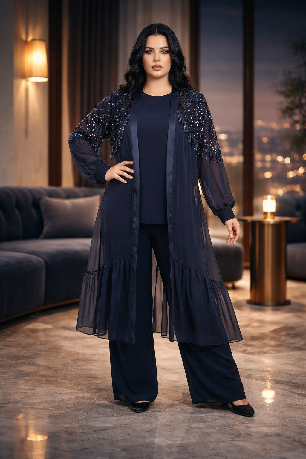 216   Chiffon Set – Embellished Tunic with Sequins & Crystal Fringe, Top & Wide-Leg Trousers, Plus Size – Navy Blue